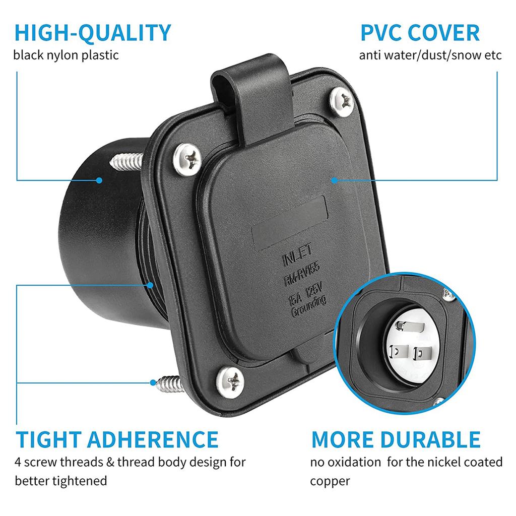 15 Amp Shore Power Inlet Plugs 125V Flange Inlet RV Power Outlet Socket with Waterproof and Dustproof Cover 5-15P RV Plugs Power