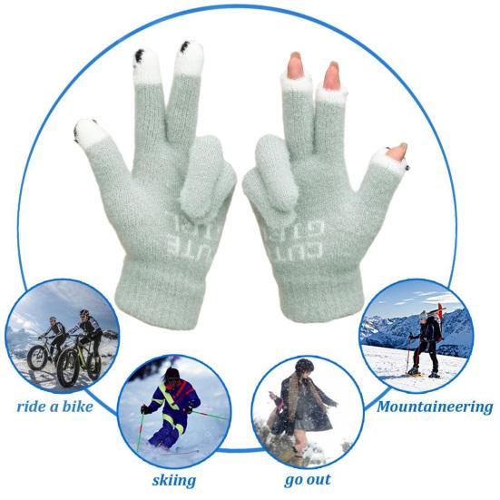 1 Pair Warm Plush Gloves Cutout Finger Tips Thick Plush Funny Cartoon Face Knitted Soft Elastic Anti-slip Warm Touch Screen Cycling Gloves