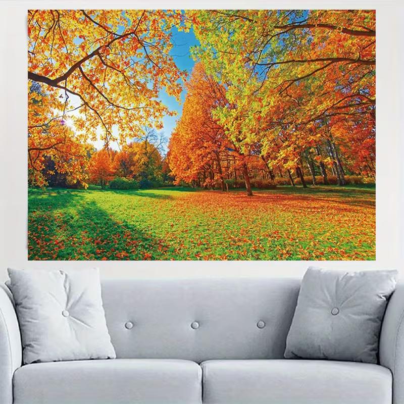 2D Bright Autumn Backdrop, Fall Forest Maple Trees Background for Outdoor Themed Events