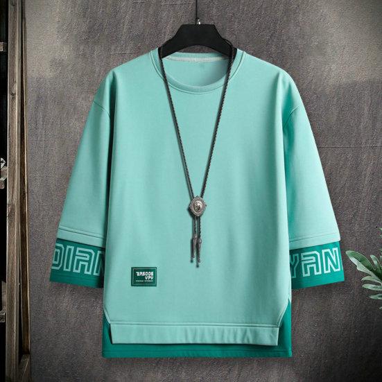 O-Neck 3/4 Sleeve Men Tops Letter Print Elastic Sweat Absorbing Breathable Hip Hop Style Fake Two Pieces T-shirt Streetwear