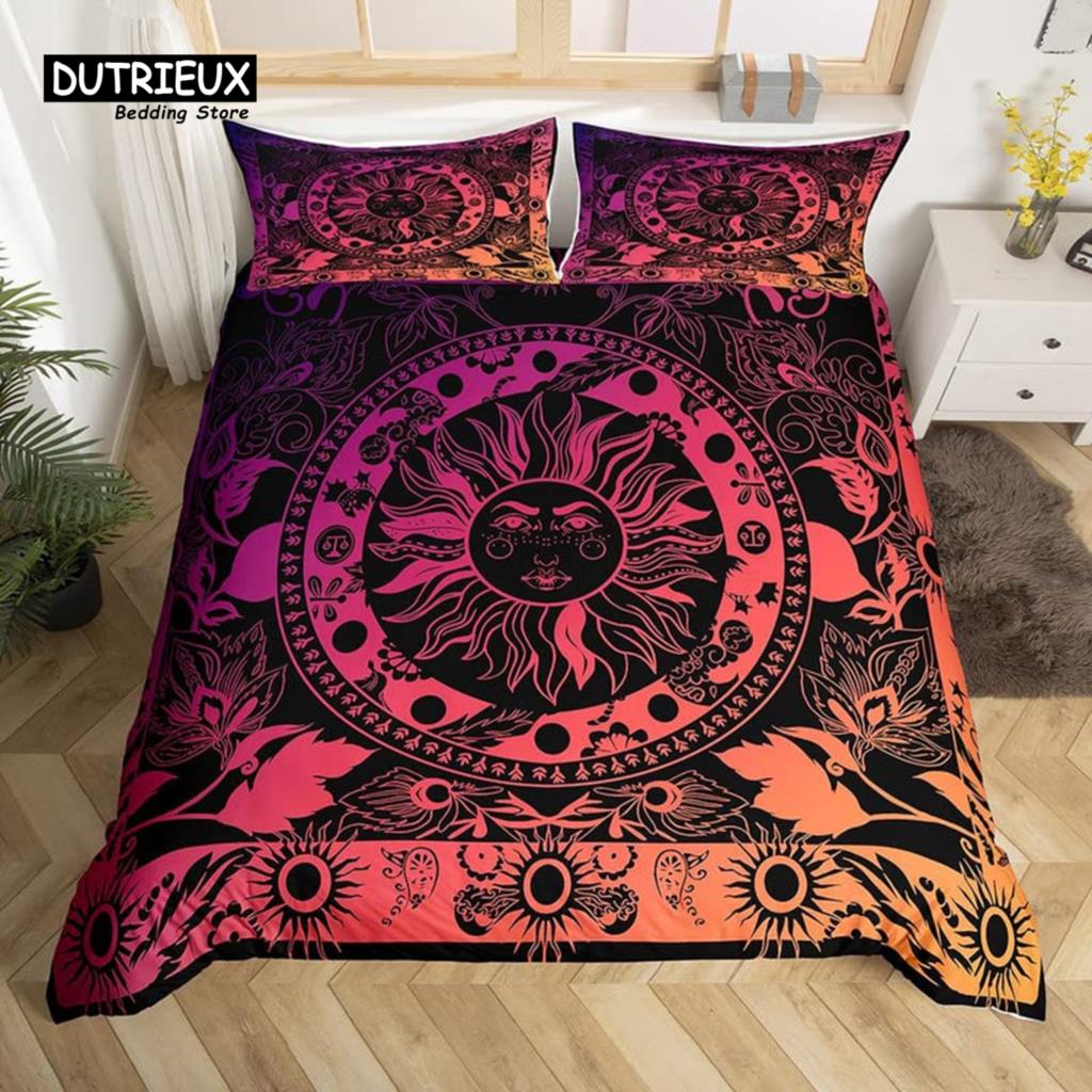 

Exotic Floral Duvet Cover Set King Queen Bohemian Sun Bedding Set Microfiber Astrology Vintage Flower And Leaves Comforter Cover EU Single(135*200cm)3pcs