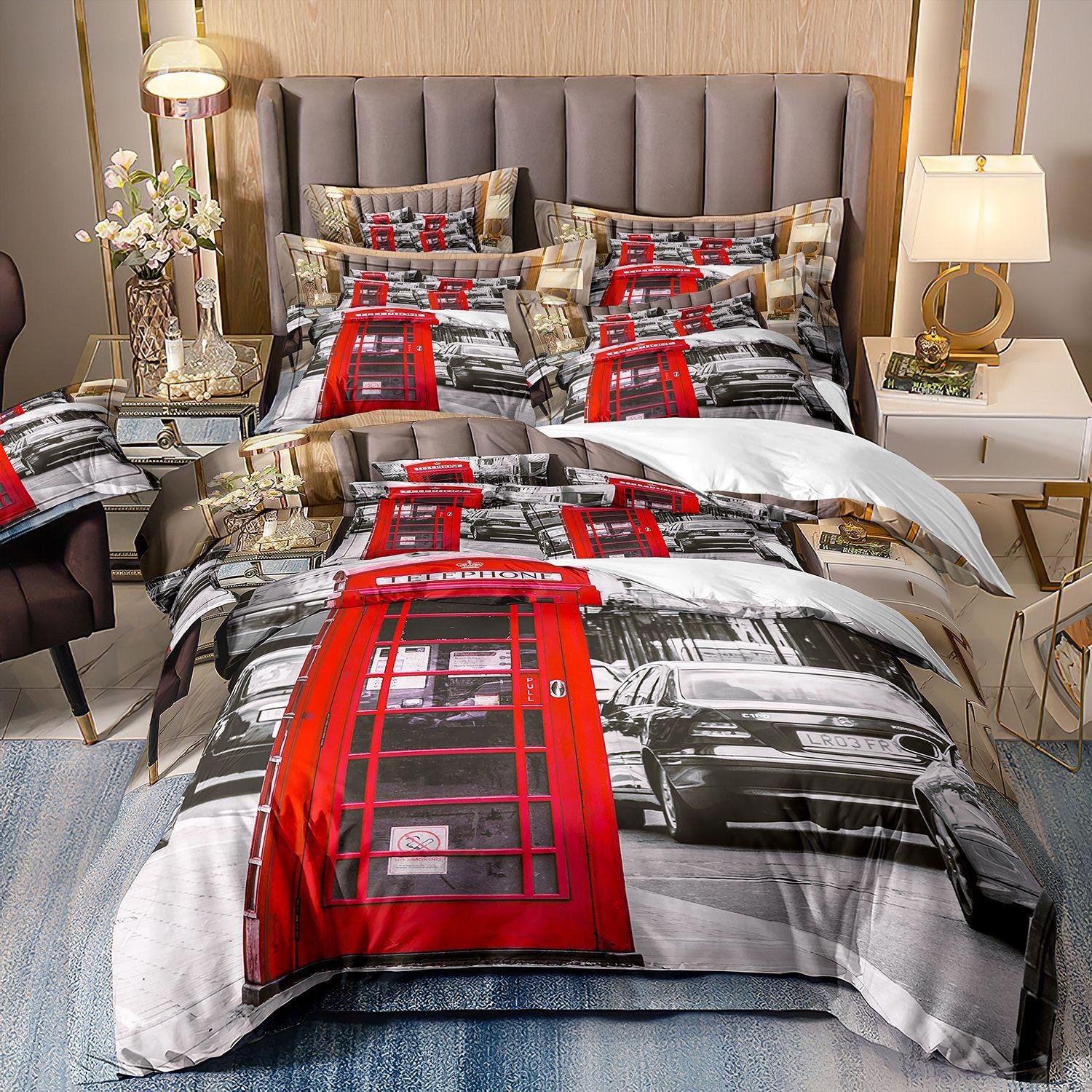 

3D Digital Printing Bedding British Retro Phone Booth Quilt Cover Three-Piece Set cover 70 * 133 and 50 * 75 * 1