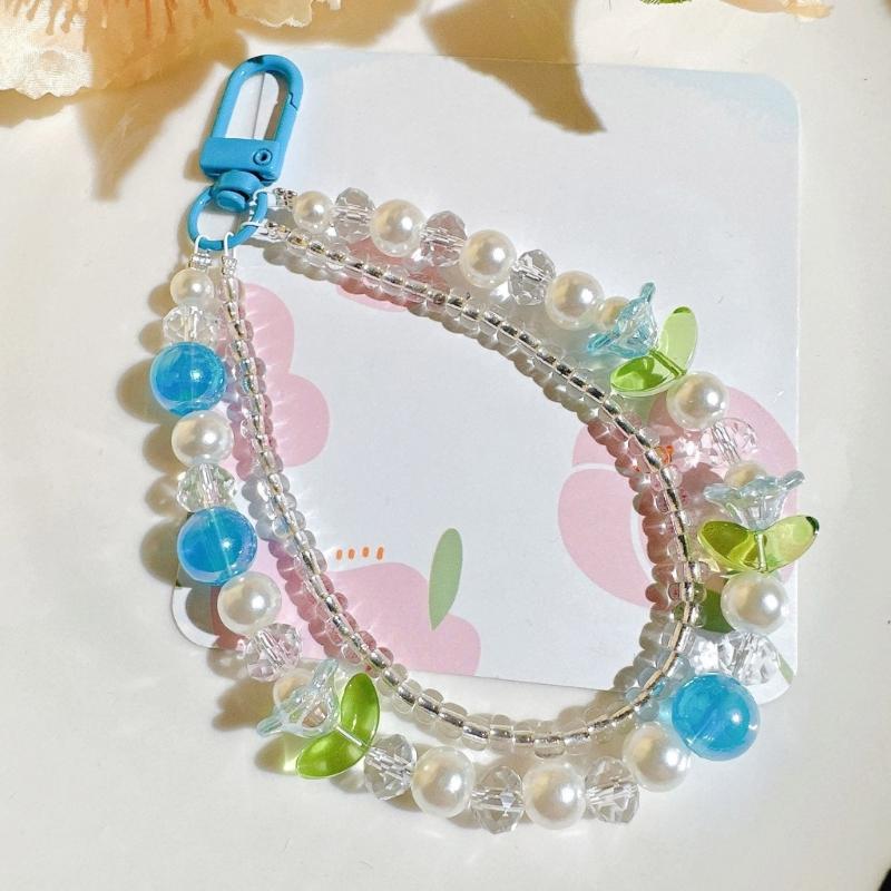 Double Layer Flower Beaded Pendant Phone Charm Hanging Rope Cute Phone Chain Strap Bag Decoration Keychain Accessories