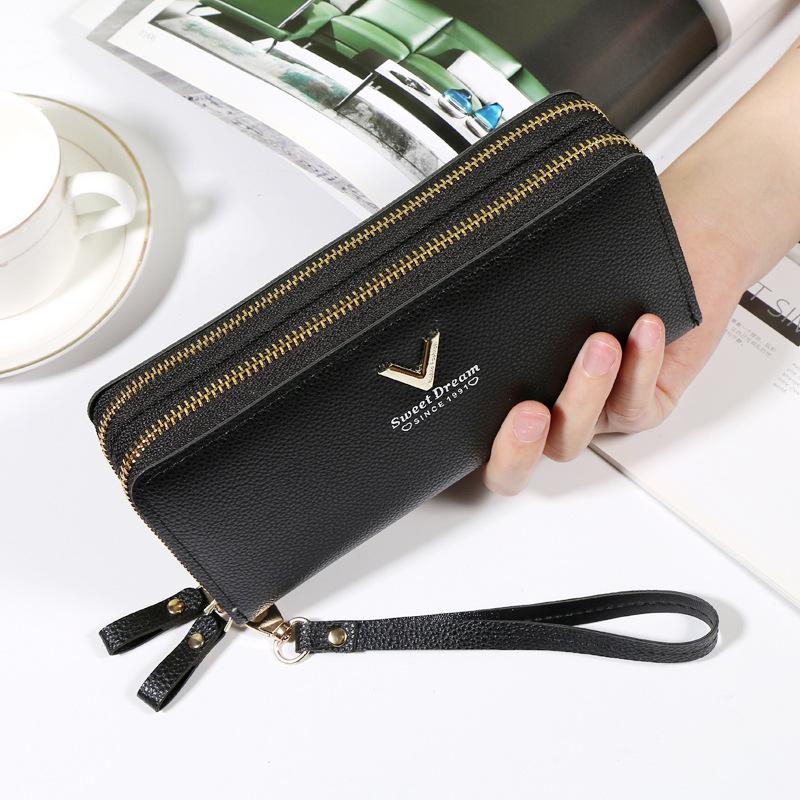 New Fashionable Double-layer Double-zipper Wallet Soft Leather Lychee Pattern Clutch Bag Niche Women's Long Mobile Phone Bag