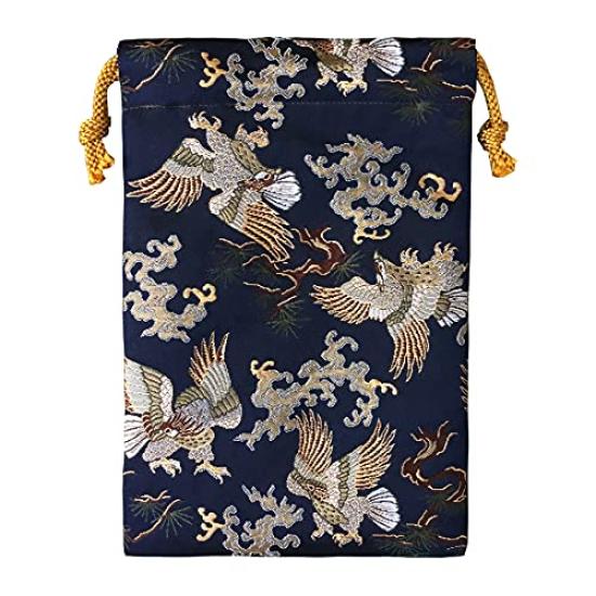 Senshishuin Nishijin Brocade Drawstring Bag Navy Blue Washimatsu Medium Size (Lined) (Japanese Pine)