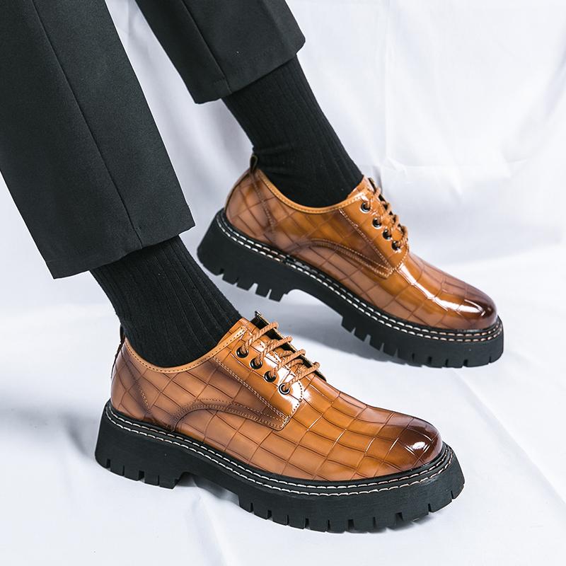 Men's British Style Embossed Croc-Textured Leather Shoes, 5CM Height Increase Formal Footwear for Weddings/Business Events