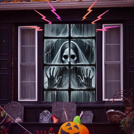 Halloween Window Cover Spooky Ghost Zombie Window Poster Clings Scary Hanging Background Decor for Halloween Party Supplies