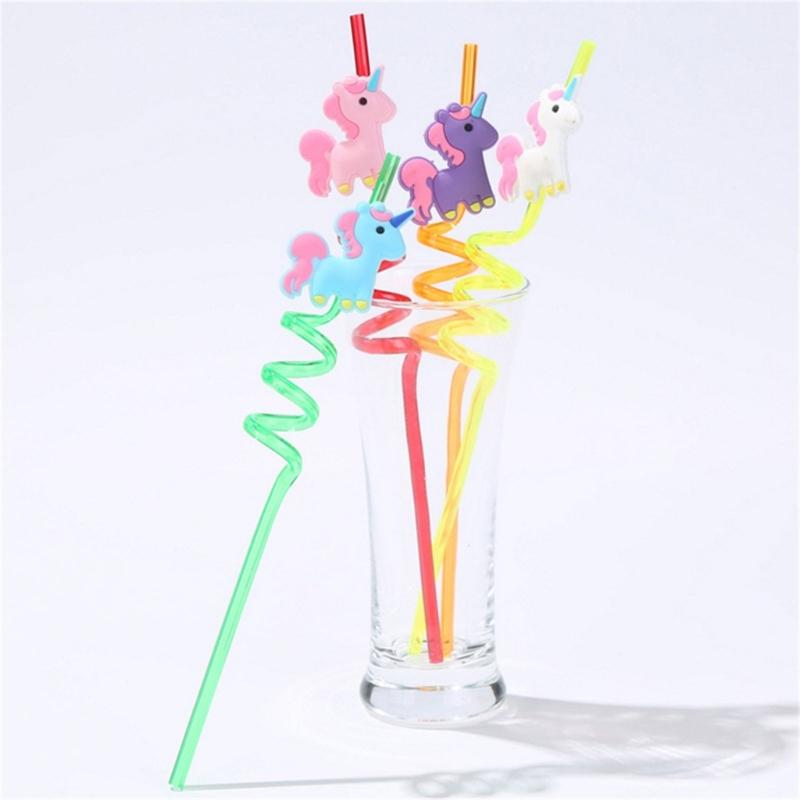 Pack of 4 Reusable Unicorns Straws Animal Theme Plastic Drinking Straw for Kid Baby Shower Birthday Party Supplies Gift