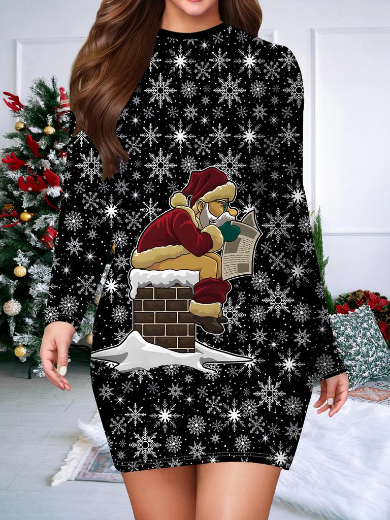 2025 Podzim a Zima Nové Dámské Šaty obepínající boky, 3D Vánoční Tisk a Barvení Dámská Móda Dlouhý Rukáv Kulatý Výstřih Sexy Šaty obepínající boky