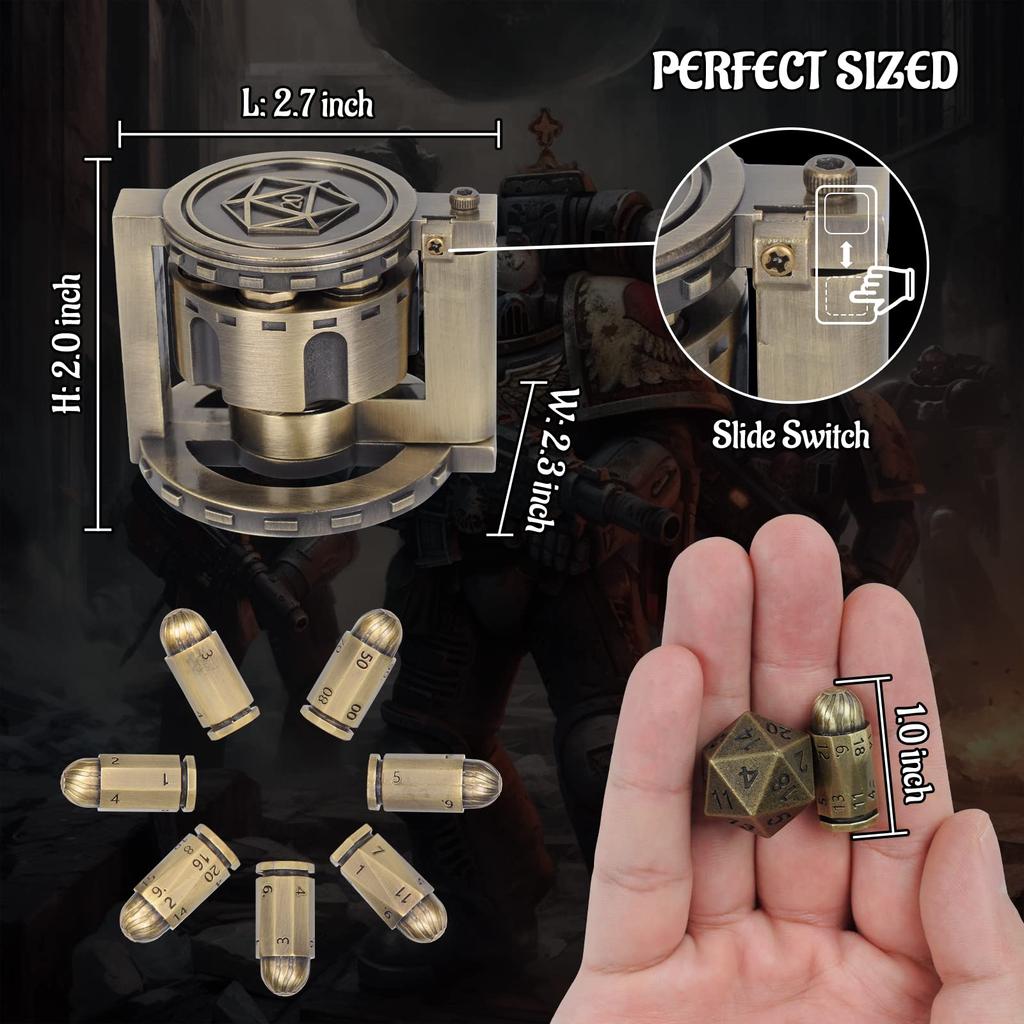 CZYY Set di 7 dadi proiettile poliedrici in metallo con contenitore cilindrico rotante per revolver Dadi in stile cyberpunk per giochi da tavolo a tema Warhammer e crimine
