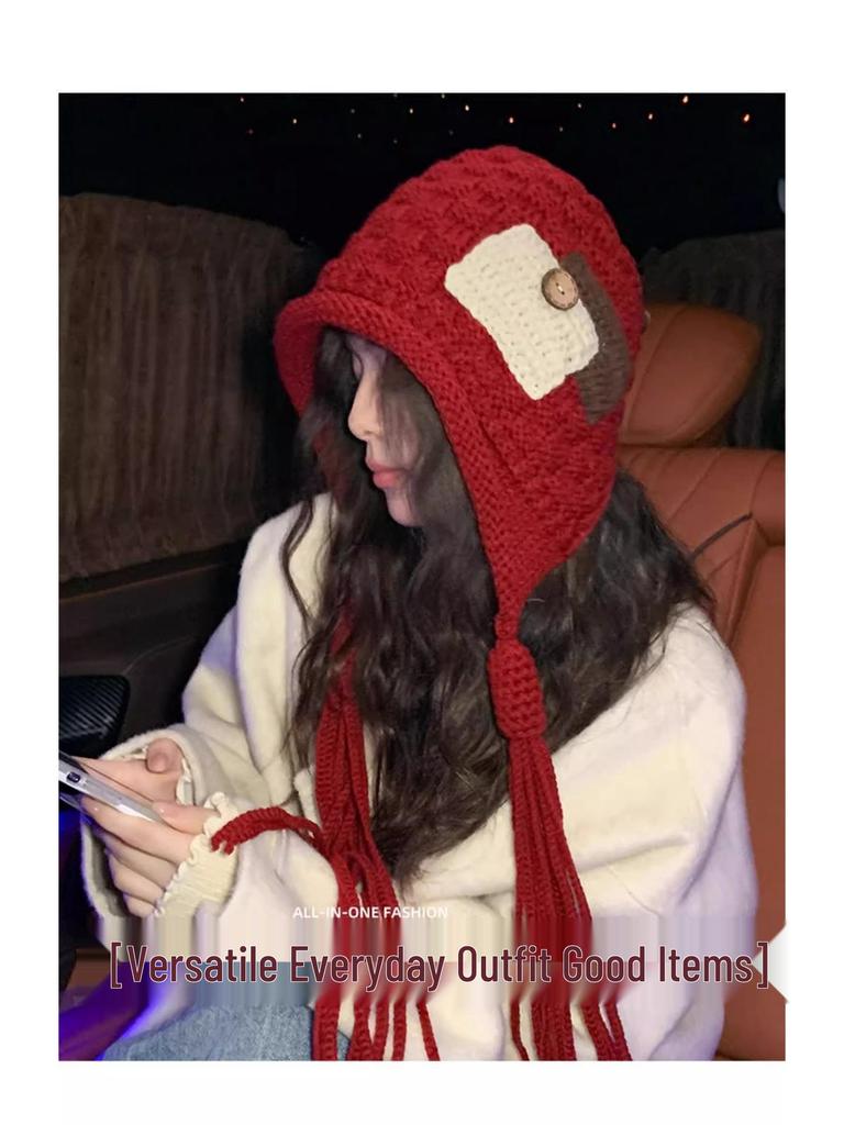 2025 Mode Roter Wollquastenhut: Damen Handgemacht Warm Zopfstrick für Herbst & Winter