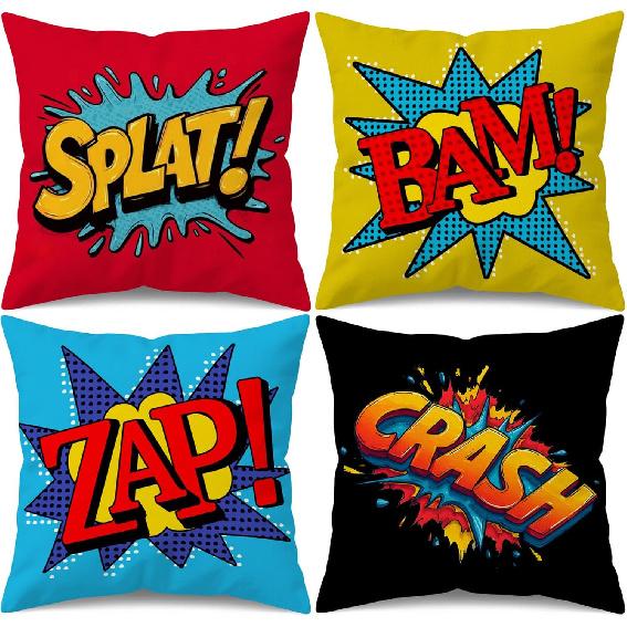Set of 4 Super Hero Comic Throw Pillow Covers 18x18 Inch, Colorful Pop Art Decorative Cushion Covers with Splat Bam Zap Crash Designs for Sofa Couch