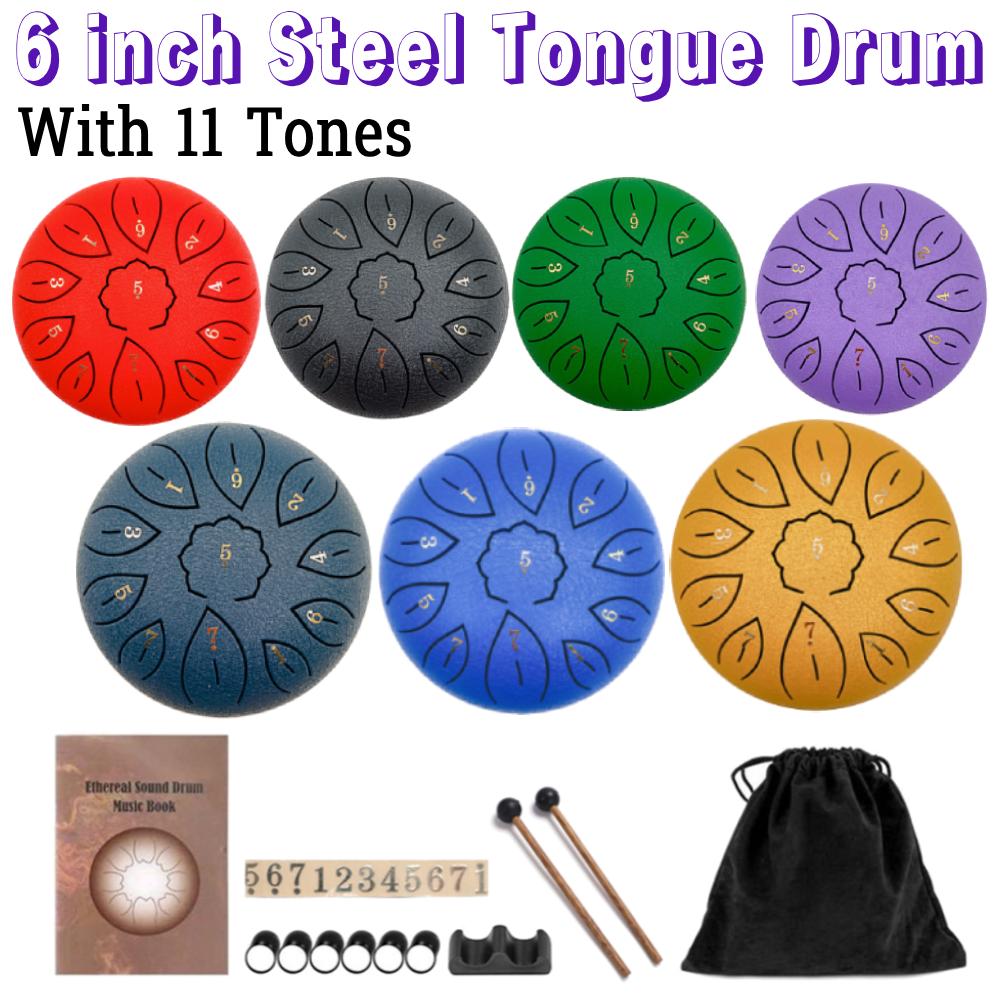6 inch Steel Tongue Drum  With Drumsticks Tune Percussion Musical Instrument Steel Tongue Drum for Beginners With 11 Tones