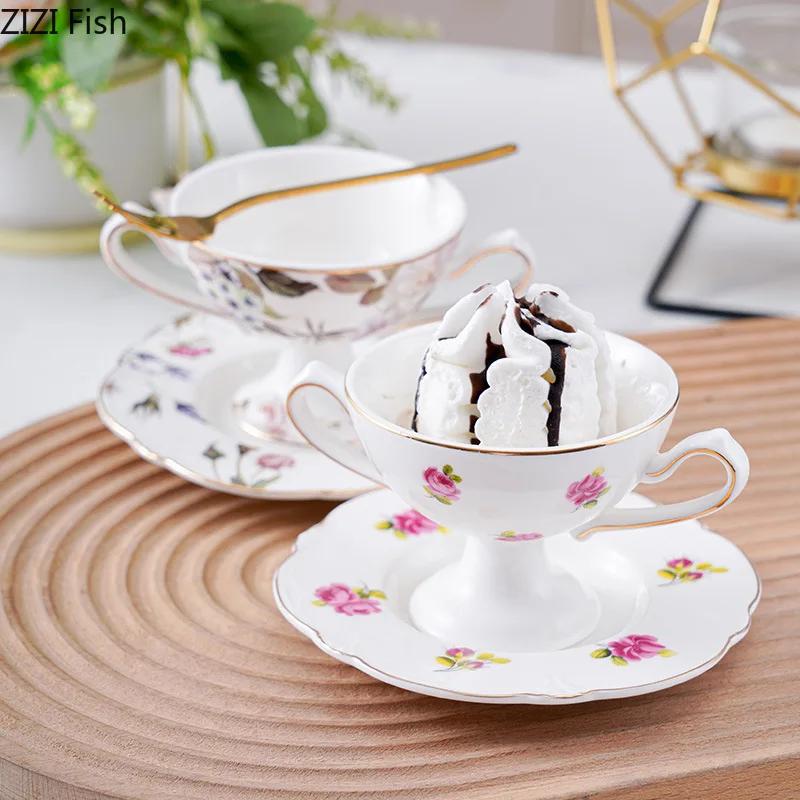 Vergoldetes Blumenmuster Porzellankelchbecher Eisbecher Esstisch Milchkaffeebecher Nachmittagstee Teetasse Obstsaftbecher