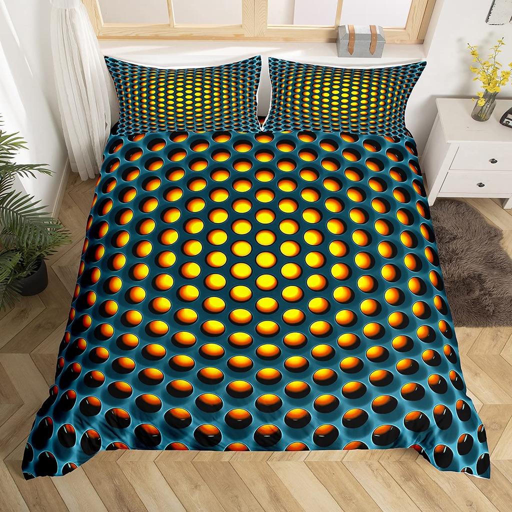 3D Geometric Duvet Cover Set Full Size,Geometry Bedding Sets Honeycomb Hexagon With Pink Blue Neon Lights Comforter Cover Set