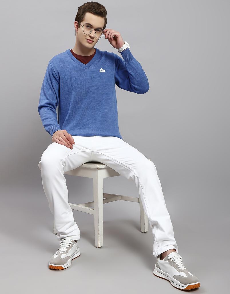 MONTE CARLO Mens Solid Blue V Neck Full Sleeve Pullover