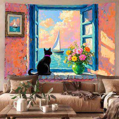 1Pc Cartoon Cat Printed Tapestry Living Room Background Wall Art Decoration Multi Size Space Pendant