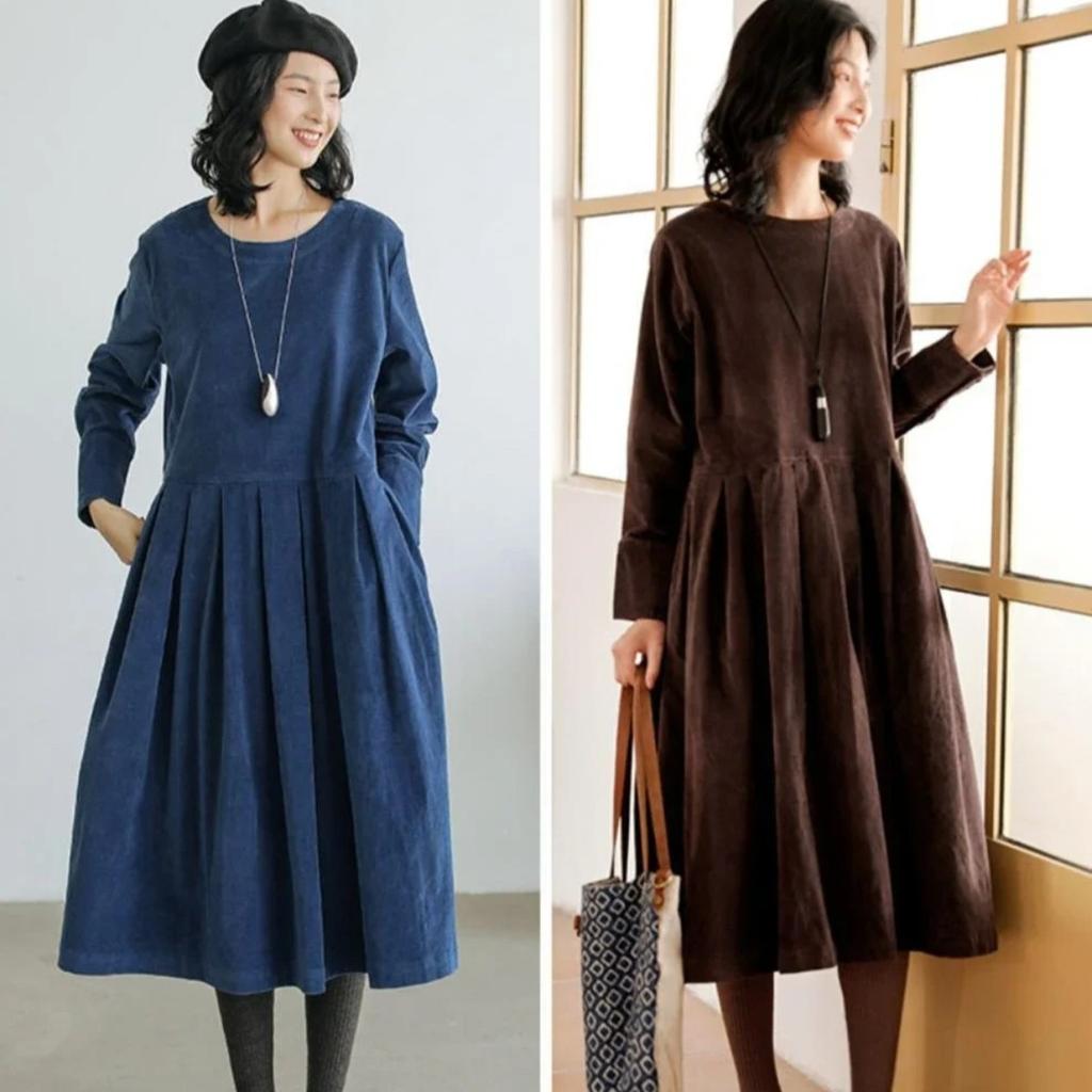 LYRIA Dress for Women Autumn Winter Japanese Korean Fashion Loose Casual Corduroy Clothing  Vintage Elegant Long Sleeve A-line Dress