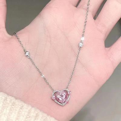 Women Heart Pendant Necklace Zircon Sweet Pink Heart Female Jewelry for Her Wife Daughter Girlfriend Gifts