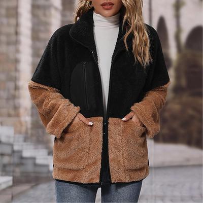 Chaqueta de moda para mujer Invierno Manga larga Bloqueo de color Gato Abrigo de felpa de doble cara