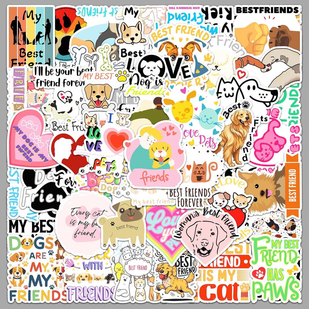 50PCS Pet Friends Graffiti Stickers - Cute English Phrases for Phone Cases & Luggage.