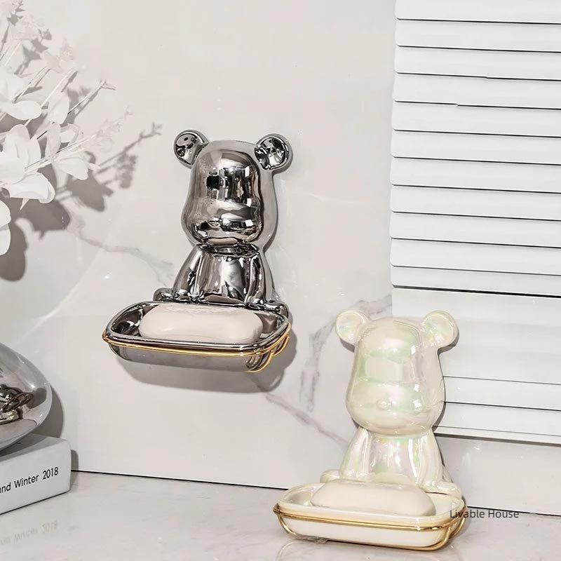 Light Luxury Bear Soap Box Ceramics Bathroom Holder Dish Golden Storage Drain Plate Tray Shower Supplies Gadgets