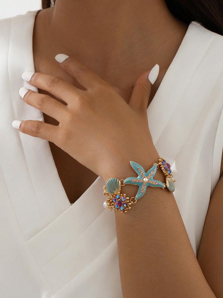 Strand Kurz Seestern Muschel Emaille Seestern Koralle Armband Kristall See Muschel Falsche Perle Armband Sommer Charm Schmuck Geschenk