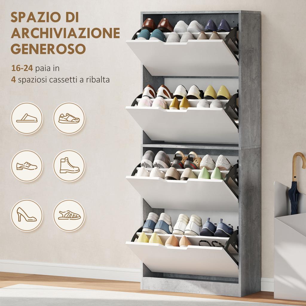 Modern Space-Saving Shoe Cabinet with 4 Doors for 16 Pairs of Shoes, 62.5x26x156 cm, Concrete Grey
