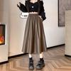 2025 Autumn/Winter Women's High-Waisted PU Leather A-Line Midi Skirt - Elastic Waist, Loose Bodycon Design