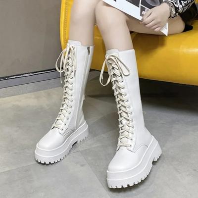 2024 Trendy Cross Lace Womens High Boots PU Leather Solid Color High Quality Zipper Design Thick Bottom Motorcycle Boots Zapatos