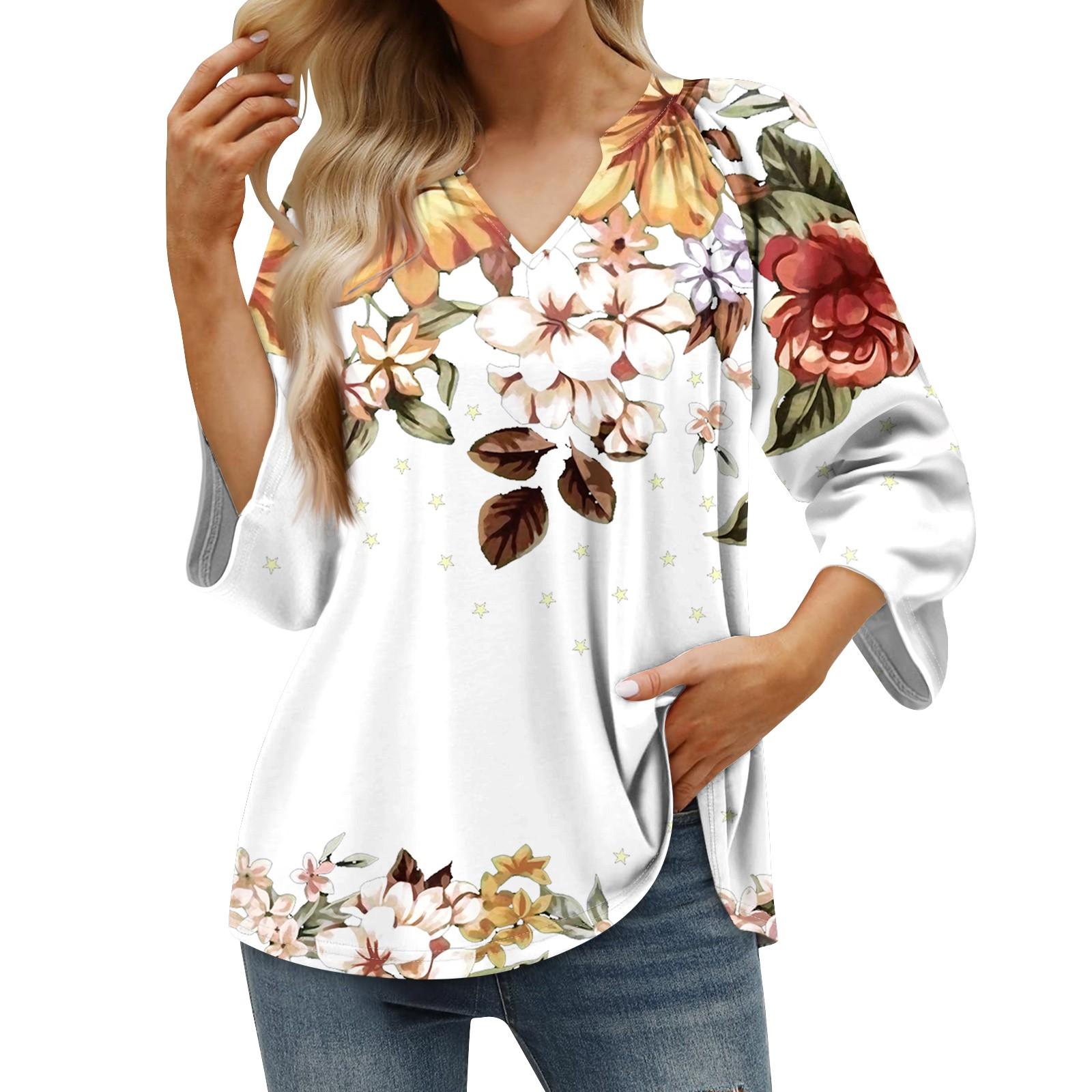 

Жіноча літня повсякденна футболка з рукавом 3/4 з принтом і V-подібним вирізом, пуловер XL білий