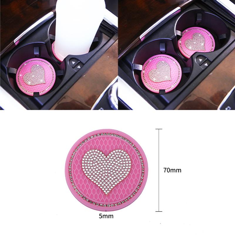 2pcs Car Coaster Diamond Heart Shape Water Cup Bottle Holder Anti-slip Pad Silica Gel Waterproof Mat Car Interior