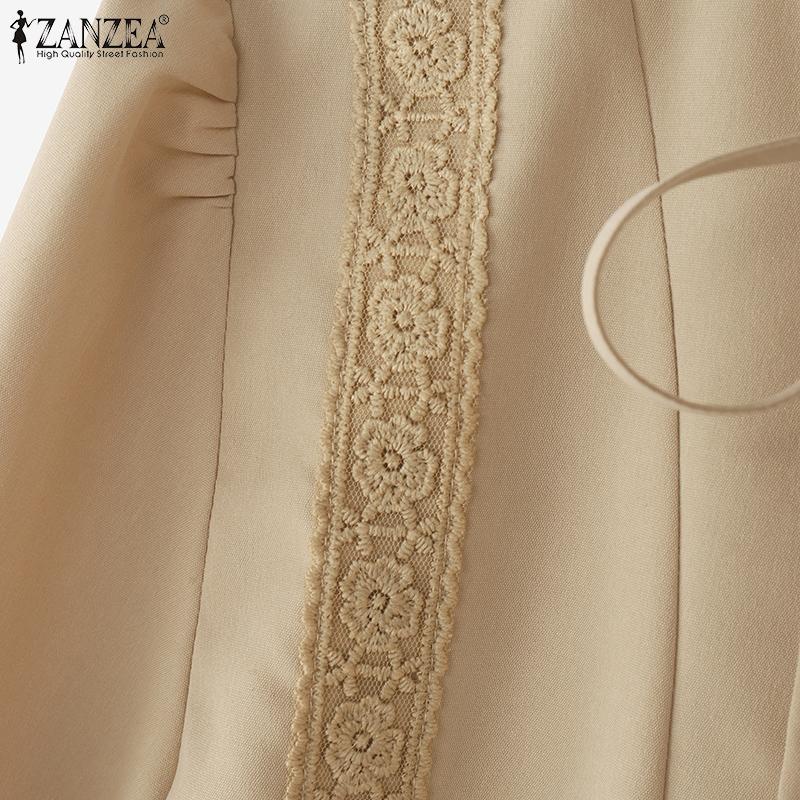 ZANZEA Bluză lejeră cu mâneci lungi, cu gât rotund, dantelă, moale