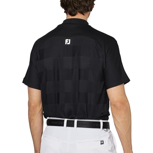 FootJoy Men's Check Jacquard Short Sleeve Mock Neck Golf Shirt, Black, Size L (FJ-S25-S05, 34687-L)
