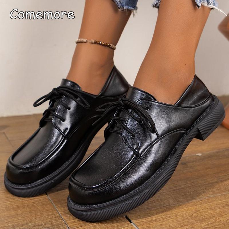 Fashion Fashion Pu Leather Loafers Women 2025 Non Slip Black Lace Up Mid Heel Pumps Square Toe Platform Casual Shoes Zapatos De Mujer