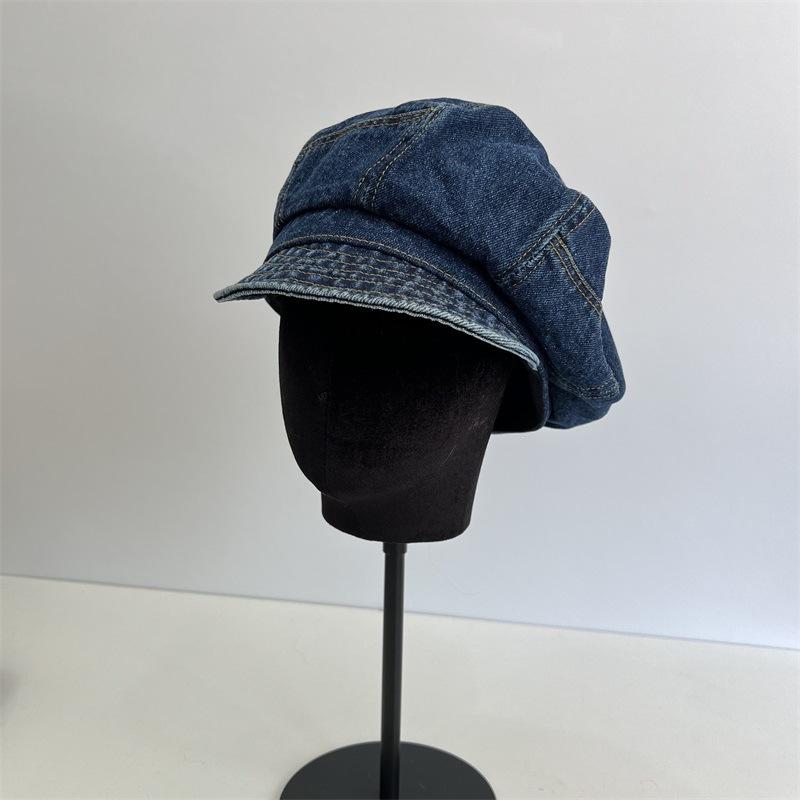 

Осень и зима большой обхват головы ретро выстиранная джинсовая восьмиугольная шляпа детская с большими полями закрывающая лицо кепка газетчика M（56-58cm） темно-синий