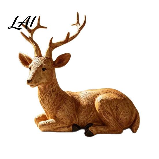 Exquisite Resin Carvings Reindeer Figurine Faux Wood Grain Christmas Deer Statue Retro Home Decor Vintage Tabletop Ornament for Window Display