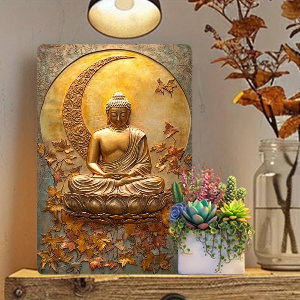 Aluminum Metal Wall Art Golden Buddha Tin Sign for Bedroom Living Room Decor