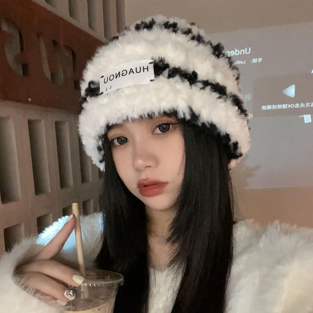 Winter warm big head circumference knitted plush hat plush hat women's versatile hat pink bag head showing face small cold hat