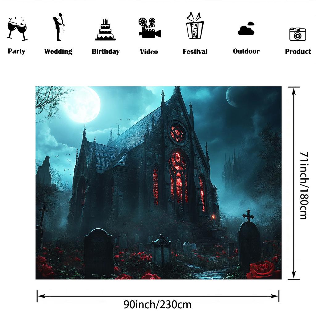 1pc Halloween Gothic cemetery fabric with red windows and ivy lightweight and breathable polyester fiber ghost party decoration