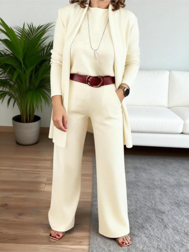 Ensemble trois pièces unicolore pour femme Printemps/Automne 2026: Haut à col rond, Manches courtes, Pantalon long, Manteau de longueur moyenne
