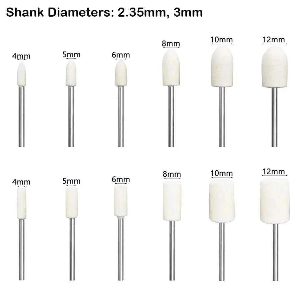 12Pcs 2.35/3mm Wool Felt Mounted Polishing Buffing Wheels OD Range 3-12mm For Dremel Drill RotaryShank Tool Grinding Heads Bits