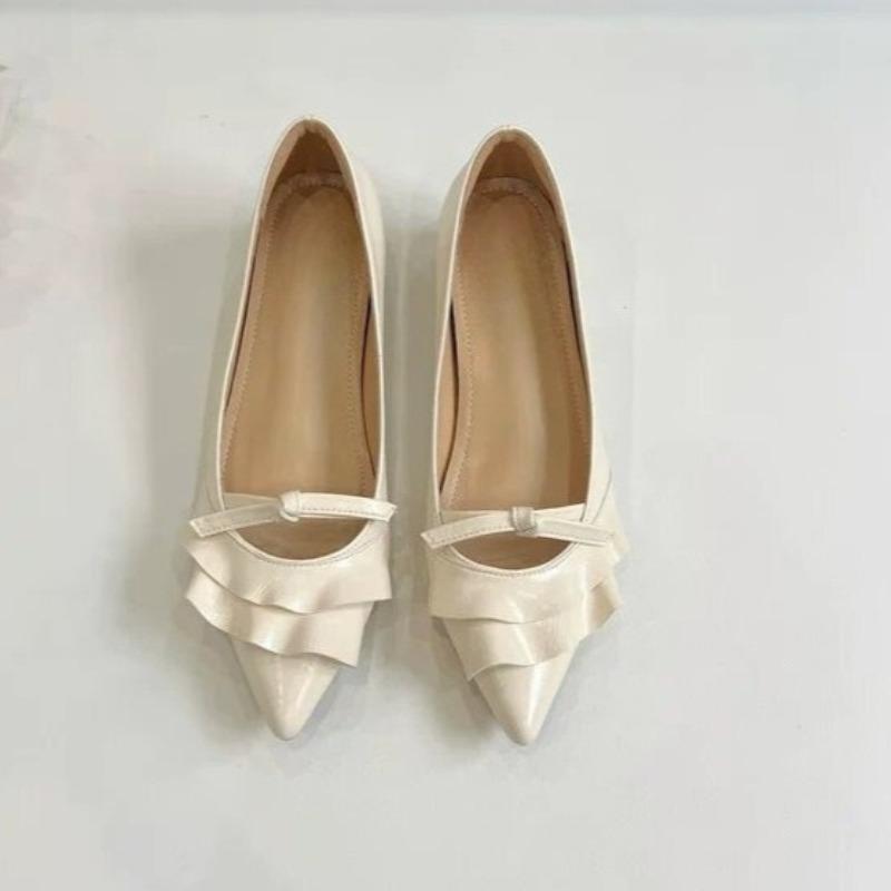 Fashion Women's Flat Single Shoes Fall New Pointed Toe Shallow Mouth Ruffle Bow Soft Sole Non-Slip Low Top Shoes