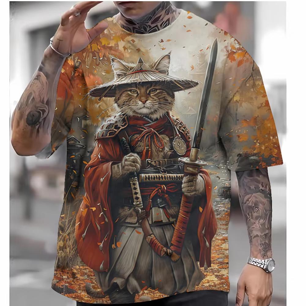 Style T-Shirt for Men Autumn Warrior Cat Graphic T Shirts 3D Printed Short Sleeve T-Shirts Men's Clothing Shirt