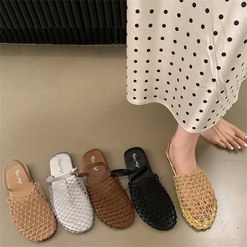Korean version of retro niche flat-bottomed fishing net shoes women's single shoes 2025 summer new hollow mesh Roman two-wear sandals
