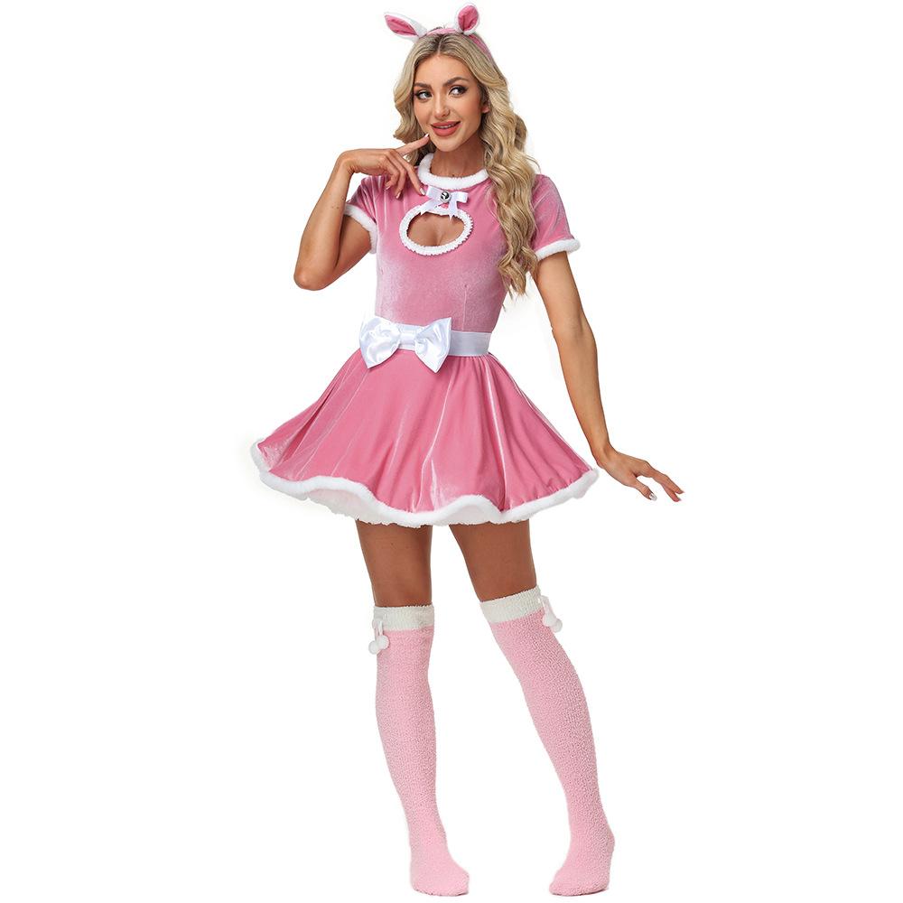 

Женский Рождественский Кролик Уши Бантика Платье Носки Взрослый Новогодняя Вечеринка Хэллоуин Ролевая Игра Наряд Косплей Костюм L розовый