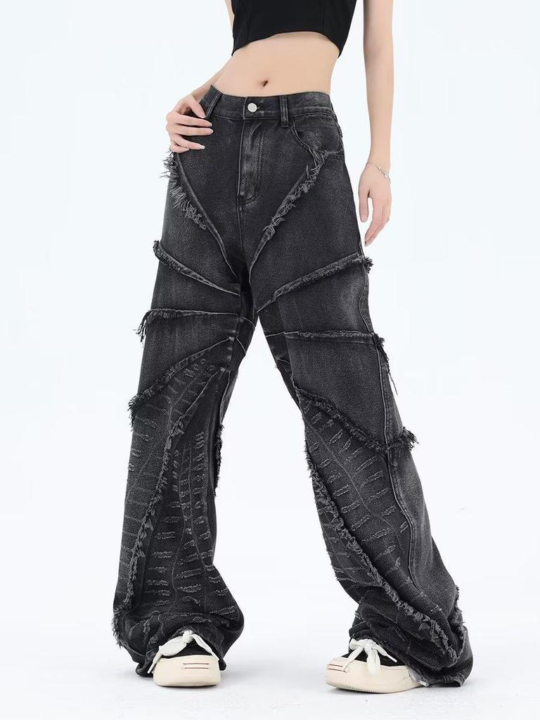 Men's Retro Baggy Jeans - Destroyed Spider Web Design with Raw Edges
