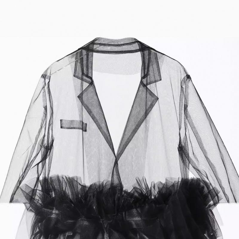 European Design Sheer Mesh Skirt Suit Collar Multi-Layer Patchwork Dress