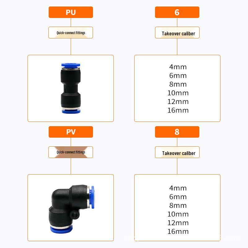 Pneumatic Air Tube Connector: PU8 Straight, PV10 Right-Angle Elbow, Quick-Insert, Butt Joint, Blue Plastic, PG6-4 Reducer.