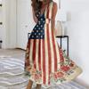 Women Sleeveless V Neck Waist Tie Maxi Dress with Independence Day Flag and Floral Print for Summer Casual Outings